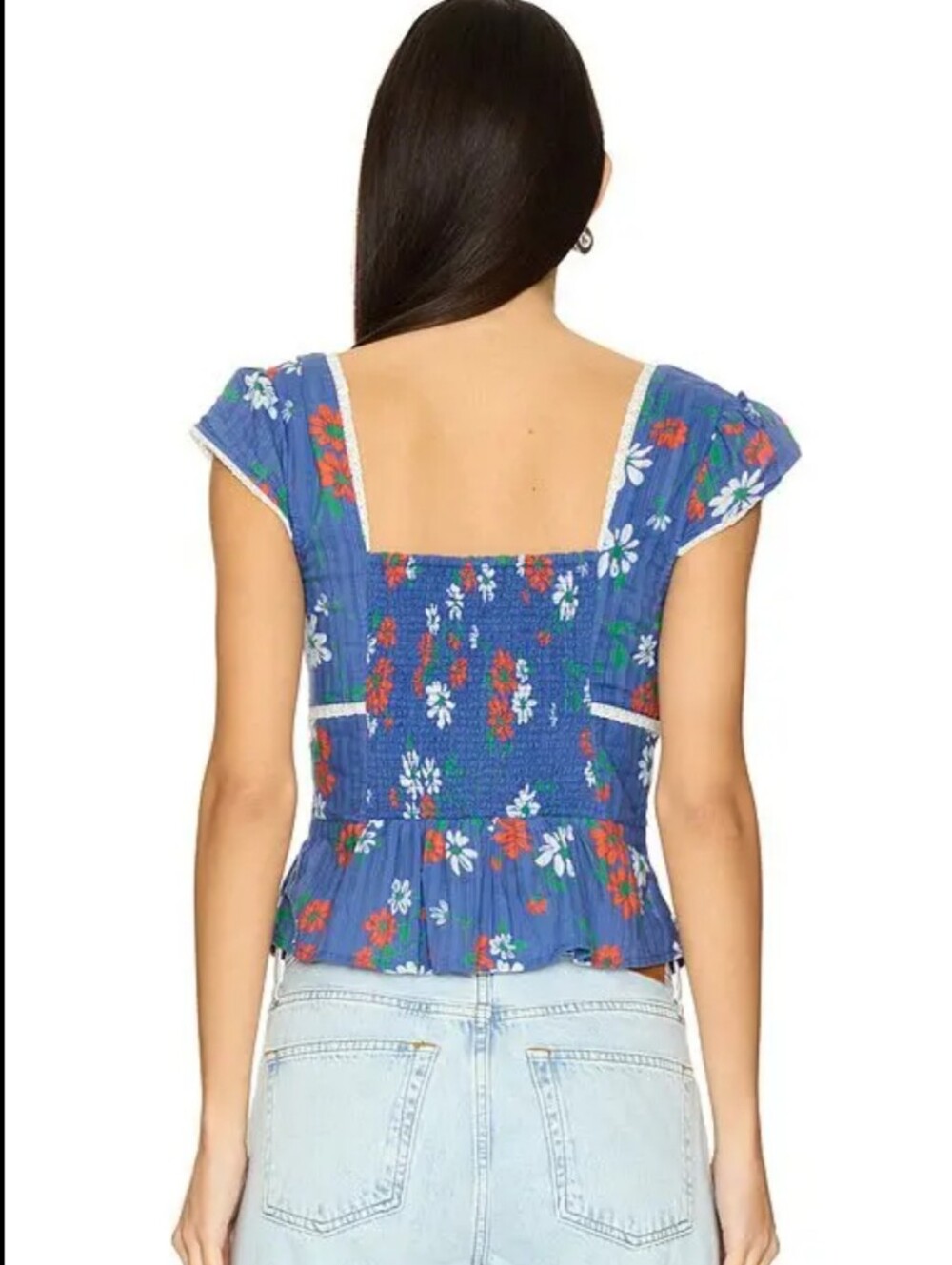 Free People Blue Floral Tie Front Peplum Top Cottagecore Boho Sz L - Picture 3 of 8